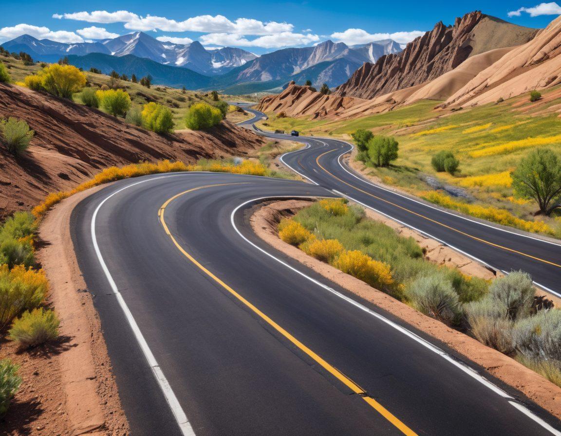 A scenic view of Colorado's mountainous roads with a winding path, showcasing a variety of vehicles driving safely. Include vibrant landscapes, road signs depicting rules and tips for safe driving, and a clear blue sky. In the foreground, an open road with tire tracks, symbolizing the journey of wise travel. super-realistic. vibrant colors. 3D.