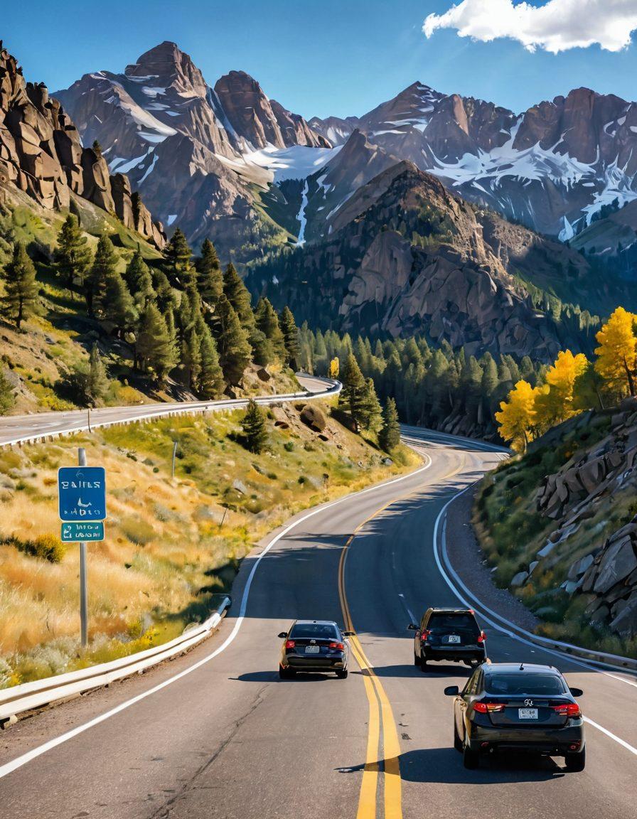 A picturesque view of Colorado's winding mountain roads with a backdrop of majestic peaks. Include a diverse group of drivers in various vehicles, showcasing safe driving practices, such as using seatbelts and checking mirrors. Add visual elements like road signs for DMV services, a car with a map, and a sunny sky to evoke a sense of adventure. super-realistic. vibrant colors. 3D.