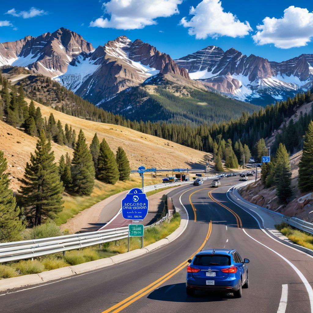 A panoramic view of the Colorado Rockies with a winding road leading to a beautifully designed registration office. Include a confident driver studying a road map, surrounded by traffic signs indicating Colorado driving rules. The sky is a vibrant blue with fluffy clouds, and a sunlight glow accentuates the scene, depicting a sense of adventure. super-realistic. vibrant colors. 3D.